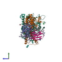 PDB entry 3ehb coloured by chain, side view.