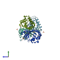 PDB entry 3ehc coloured by chain, side view.