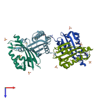 PDB entry 3ehc coloured by chain, top view.