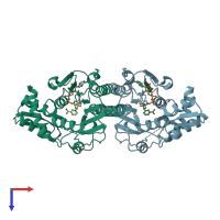 PDB entry 3ehe coloured by chain, top view.