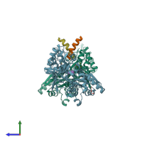 PDB entry 3ehu coloured by chain, side view.