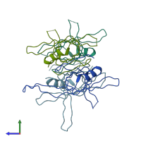 PDB entry 3eiv coloured by chain, side view.