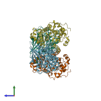 PDB entry 3ej1 coloured by chain, side view.