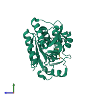 Monomeric assembly 1 of PDB entry 3ej5 coloured by chemically distinct molecules, side view.