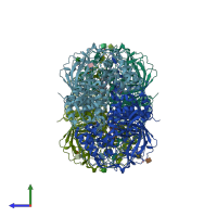 PDB entry 3ej6 coloured by chain, side view.
