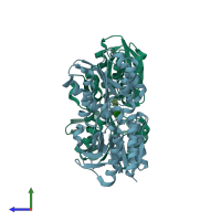 PDB entry 3ejw coloured by chain, side view.
