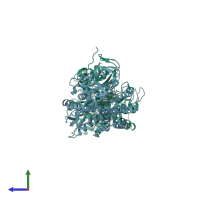PDB entry 3ekf coloured by chain, side view.