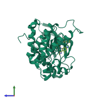 PDB entry 3ekk coloured by chain, side view.