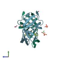 PDB entry 3el0 coloured by chain, side view.