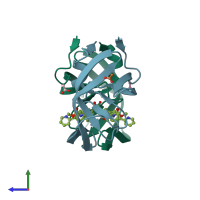 PDB entry 3el1 coloured by chain, side view.