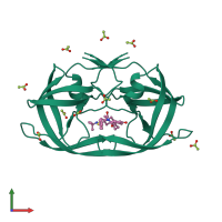 Homo dimeric assembly 1 of PDB entry 3el5 coloured by chemically distinct molecules, front view.