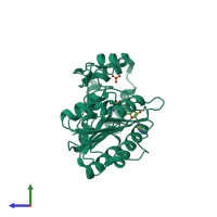 PDB entry 3eld coloured by chain, side view.