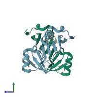 PDB entry 3elg coloured by chain, side view.