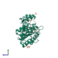 PDB entry 3elu coloured by chain, side view.