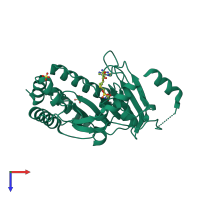 PDB entry 3elu coloured by chain, top view.