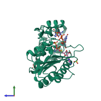 PDB entry 3elw coloured by chain, side view.