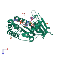 PDB entry 3elw coloured by chain, top view.