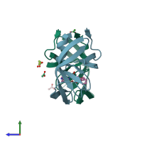 PDB entry 3em3 coloured by chain, side view.