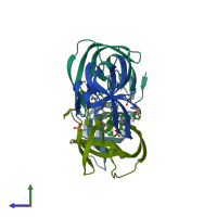 PDB entry 3em4 coloured by chain, side view.