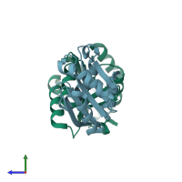 PDB entry 3emx coloured by chain, side view.