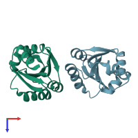 PDB entry 3emx coloured by chain, top view.