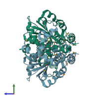 PDB entry 3eof coloured by chain, side view.