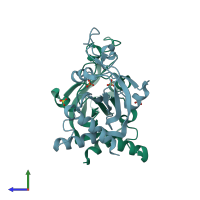 PDB entry 3eop coloured by chain, side view.