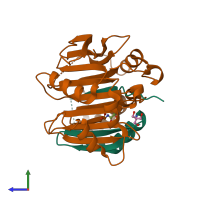 PDB entry 3ep3 coloured by chain, side view.