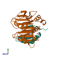 PDB entry 3ep4 coloured by chain, side view.