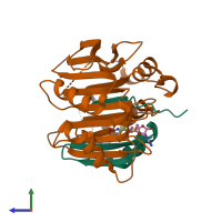 PDB entry 3ep6 coloured by chain, side view.