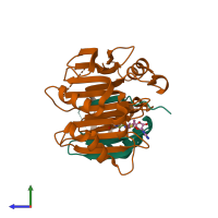 PDB entry 3ep7 coloured by chain, side view.