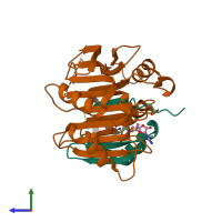 PDB entry 3ep8 coloured by chain, side view.