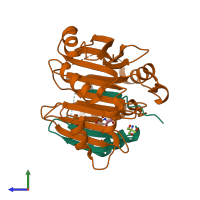 PDB entry 3epa coloured by chain, side view.