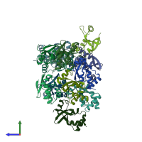 PDB entry 3eq5 coloured by chain, side view.