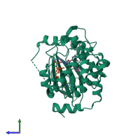 PDB entry 3eqb coloured by chain, side view.
