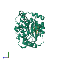 PDB entry 3eqf coloured by chain, side view.