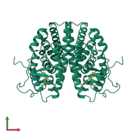 Homo dimeric assembly 1 of PDB entry 3ert coloured by chemically distinct molecules, front view.