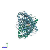 PDB entry 3et2 coloured by chain, side view.