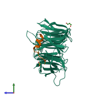 PDB entry 3eu7 coloured by chain, side view.