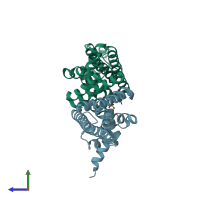 PDB entry 3eup coloured by chain, side view.