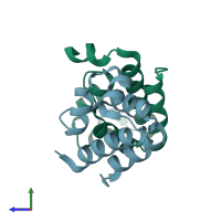 PDB entry 3eus coloured by chain, side view.