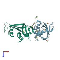 PDB entry 3ev0 coloured by chain, top view.
