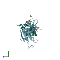 PDB entry 3ev1 coloured by chain, side view.
