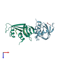 PDB entry 3ev1 coloured by chain, top view.