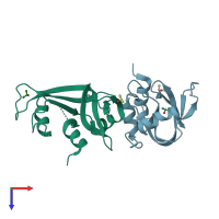 PDB entry 3ev2 coloured by chain, top view.