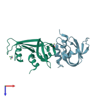 PDB entry 3ev5 coloured by chain, top view.