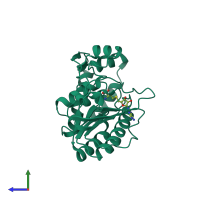 PDB entry 3evb coloured by chain, side view.