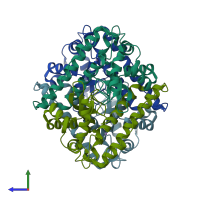 PDB entry 3evk coloured by chain, side view.