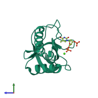 PDB entry 3evq coloured by chain, side view.