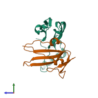 PDB entry 3evs coloured by chain, side view.